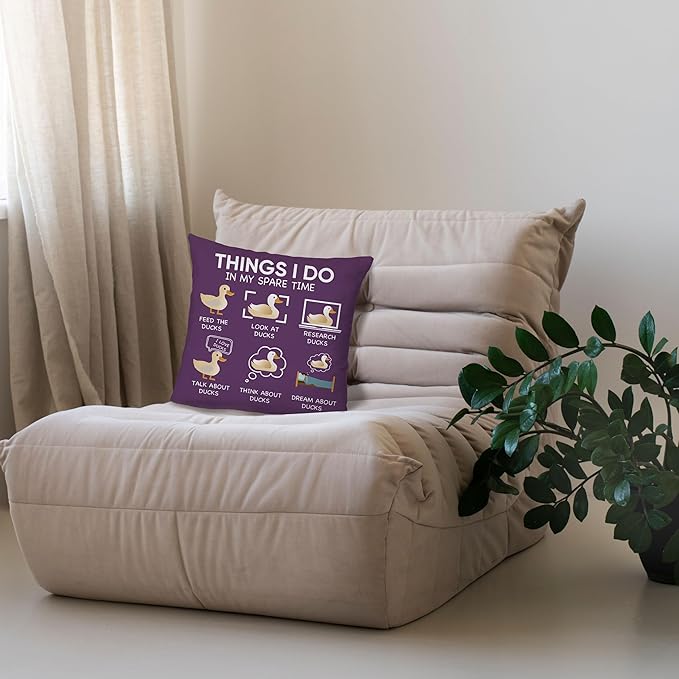 Funny Duck Throw Pillow Covers - 18 x 18, Things I Do in My Spare Time Decorative Pillow Covers, Gifts for Women, Purple Duck Decor