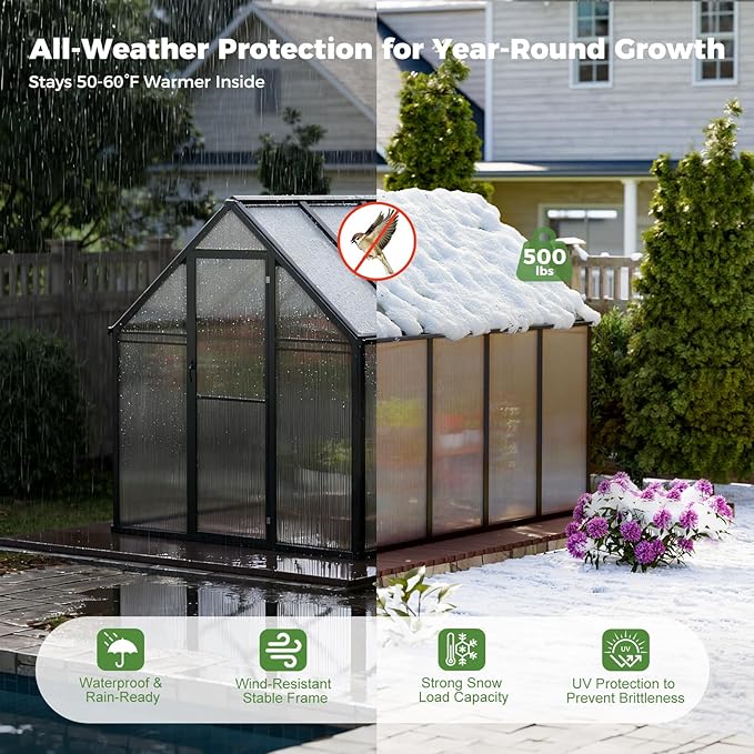 8.2x6.2 FT Outdoor Greenhouse, Easy Assembly Aluminum Heavy Duty Polycarbonate, Vent Window, Swing Door, Walk-in, for Sunroom, Patio, Backyard, Garden, Black