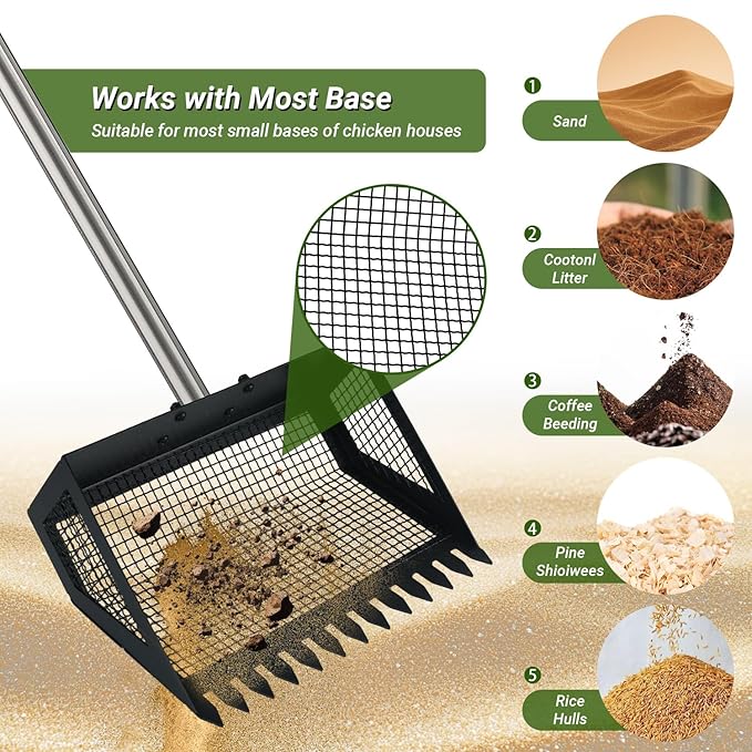 2-in-1 Chicken Poop Scooper & Rake,Chicken Coop Scoop with 304 Stainless Steel Shovel Head, Sand Sifting Litter Shovel (37 to 78")
