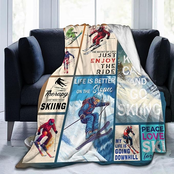 Dynova Skiing Blanket Cozy Plush Ski Lovers Throw Blankets Fuzzy Flannel Fleece Skiing Sports Gifts for Girls Boys Women Men 60"X50"