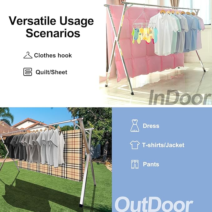 79in Premium Stainless Steel Clothes Drying Racks, Foldable and Adjustable Laundry Drying Rack Clothing for Indoor Outdoor