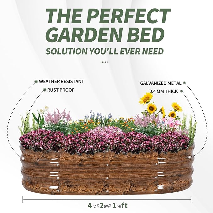 1MORE Galvanized Raised Garden Bed- Planter Garden Boxes Outdoor, Raised Beds for Gardening, 4x2x1ft Metal Garden Bed Kit for Vegetables Flower, Planter Raised Beds with Tools.Grain
