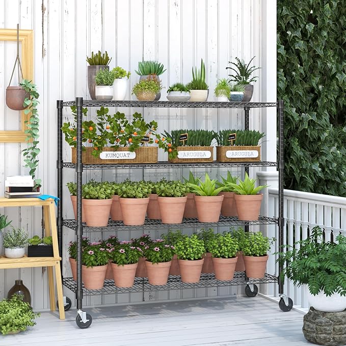 Himimi 72" H Storage Shelves 4 Tier Metal Shelving Adjustable Wire Shelf with Wheels, Heavy Duty Shelving for Garage Kitchen Pantry Bathroom Laundry 18" D*48" W*72" H, Black