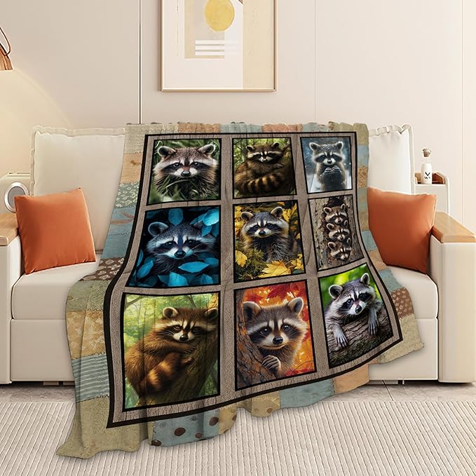 Raccoon Blanket, Cute Animal Throw Blanket, Raccoon Gifts Blankets Stuff Fleece Flannel Plush for Girls Women Men Boys Lovers Adults Soft Bedding Gift for Sofa Bed Office Home Decor 40"X50"