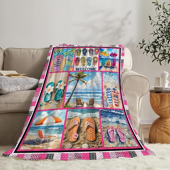 Coastal Blanket Ultra Soft Cozy Ocean Beach Palm Tree Throw Blanket Fleece Fuzzy Plush Bedding Blanket Beach Flip-Flops Decor Gifts for Women Girls Adults Couch Sofa 60"x50"