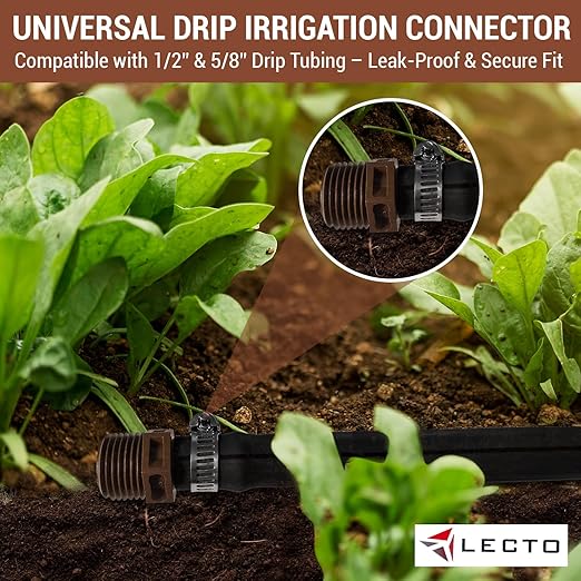 LECTO 1/2" MPT Drip Irrigation Adapter – Fits 1/2" & 5/8" Tubing, Barbed Connector with Stainless Clamp, UV-Resistant (3 Pack)