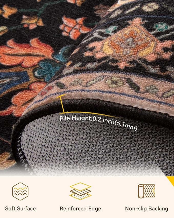 Area Rugs 2'6''x8' Washable Non-Slip, Floral Vintage Distress Print Pattern Medallion Carpet for Living Room Bedroom Dining Room, Black Colorful Floral Dark Tan