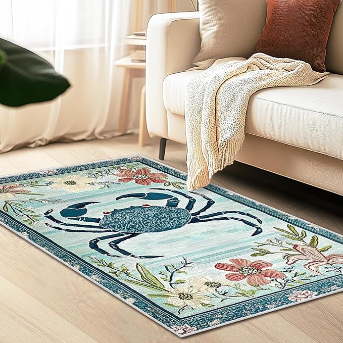 3x5 Crab Area Rugs Boho Teal Rug for Bathroom Kitchen Entryway Indoor Soft Non-Slip Thin Hippie Carpet Small Floral Doormat for Office Dining Room Home Decor Under Table Washable Machine