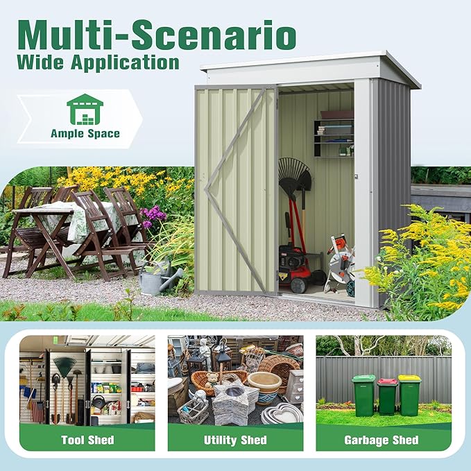 Flamaker 5x3 FT Storage Shed Waterproof Metal Garden Shed with Lockable Door Utility Tool Shed Outdoor Storage for Backyard, Patio and Lawn, Grey