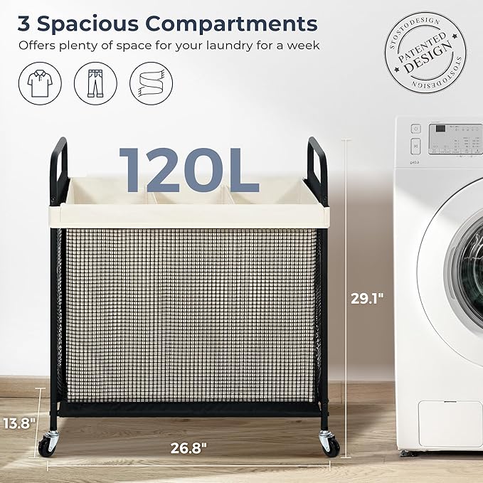 STO STO Laundry Hamper 3 Section, 120L Rolling Laundry Sorter Cart with Removable and Washable Liner Bag, Rolling Clothes Hamper with Metal Handle for Laundry Room and Bedroom