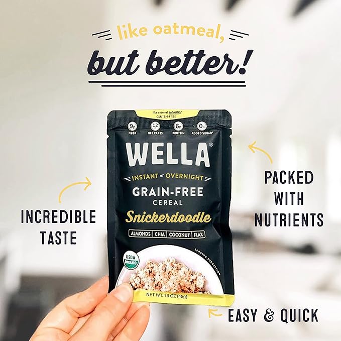 Wella Cereal Oatmeal Alternative, Gluten-Free Breakfast Hot Cereal, Grain-Free Paleo Organic Vegan High Protein Superfood, Plant-Based Non-GMO, Low in Net Carbs, Single-Serve Packets, Snickerdoodle Flavor (10 Count, 1.6 oz. Packets)