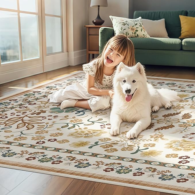 10x12 Area Rug Living Room Rugs - Washable Boho Vintage Floral Large Soft Non Slip Thin Rug Low Pile Carpet for Bedroom Dining Room Kids Playroom Office Decor Indoor- Brown