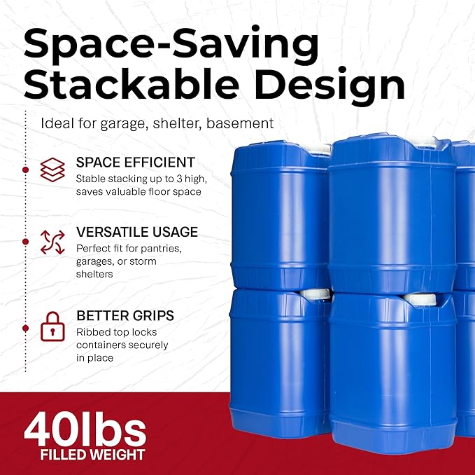 Legacy Premium Emergency Water Storage Containers 10 Gallon, Long Term 5 Gallon Water Tank - 2 Stackable Food Grade Tanks Included, for Camping, Prepping, Survival - 10 Gallon Total Capacity