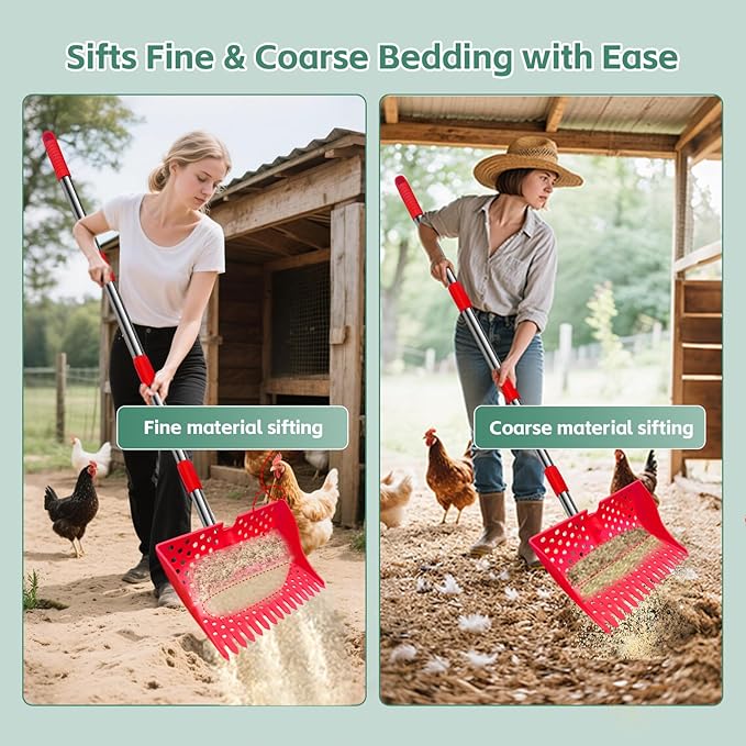 US Patent Pending 12-Inch 2-in-1 Chicken Poop Scooper & Rake,3-Shape Sifting Holes Chicken Coop Rake，Stainless Steel Handle （20–61"）– Litter Scooper & Sand Sifting Shovel for Chicken Coops （Red）