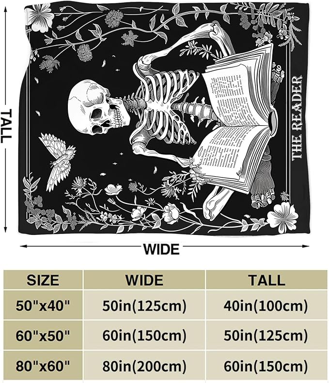 Reading Throw Blanket Ultra Soft Cozy Funny Skeleton Read Book Blanket Fleece Fuzzy Plush Skull Reading Lovers Reader Librarian Decor Gifts for Women Girls Adults Couch Sofa 80"x60"
