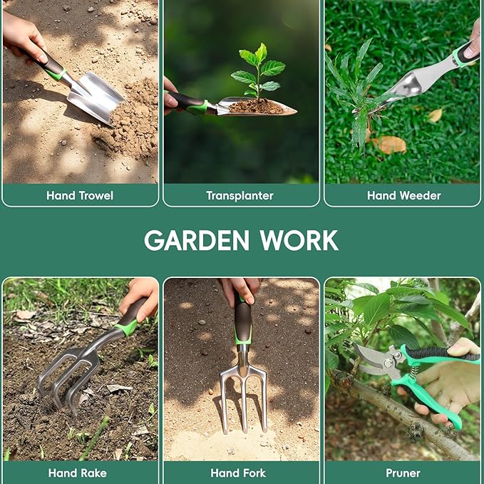 11-Piece Gardening Tool Set, Heavy Duty Garden Tool Set with Storage Bag and Apron, Durable Aluminum Alloy Garden Tools Kit, Gardening Gifts for Women, Mom, Grandma