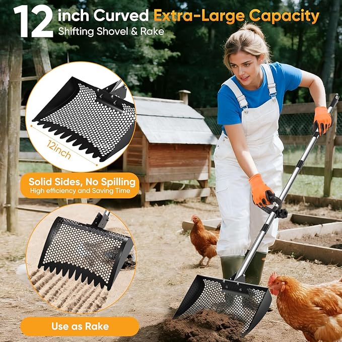 12inch Chicken Poop Scooper & Rake 2-in-1, Heavy Duty Metal Chicken Coop Scoop for Sand with Ergonomic Grip, Adjustable Angle Stainless Steel Chicken Coop Rake Litter Sifting Shovel (37-64")