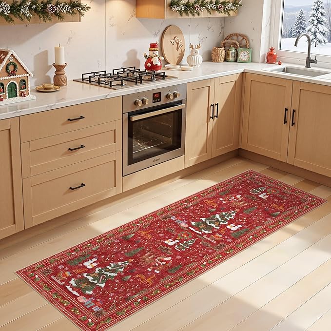 Christmas Runner Rug for Hallway: 2x6 Neutral Modern Festive Low Pile Soft Thin Indoor Carpet for Bedroom Kitchen Mat Kids Room Holiday Decor - Red