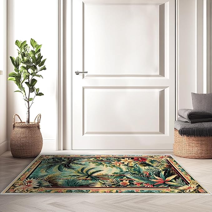 2x3 Tropical Rainforest Area Rugs Boho Forest Rug for Bathroom Kitchen Entryway Indoor Soft Non-Slip Thin Hippie Carpet Small Green Doormat for Office Dining Room Under Table Washable Machine