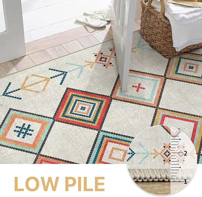 GENIMO Machine Washable 5x7 Area Rugs for Living Room, Non Slip Vintage Rugs, Low Pile Lightweight Chenille Print Rug for Bedroom, Dining Room, Home Office, Rainbow