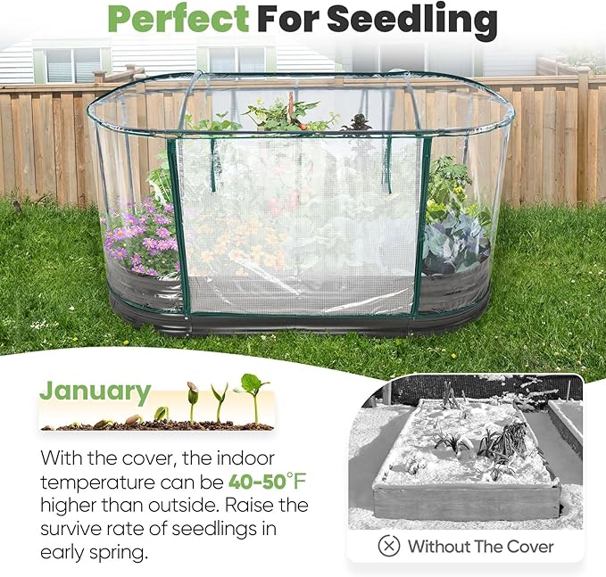 KING BIRD Raised Garden Bed with Cover Galvanized Oval Planter Garden Box Outdoor for Gardening, Vegetables, Flowers 71x36x12 in, Clear