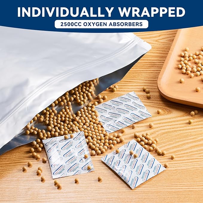 20pcs 5 Gallon Mylar Bags for Food Storage - 10 Mil Thick - Mylar Bags 5 Gallon with 30 Oxygen Absorbers 2500cc, Heat Sealable, BPA-Free – for Strong, Secure Long Term Food Storage, Silver