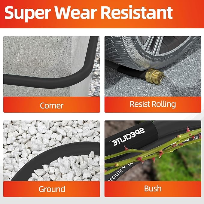 SPECILITE Garden Water Hose 100 ft x 3/4 in Heavy Duty, Flexible and Lightweight, Burst 600 psi, Kink-less Hybrid Rubber Pipe for Backyard, 3/4'' Brass Fittings, Black