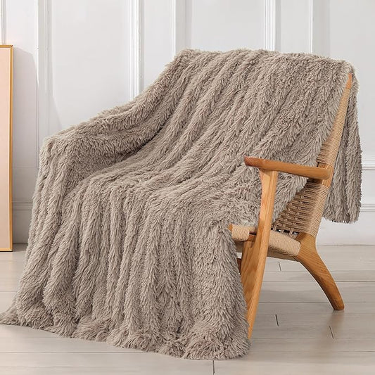 Tuddrom Decorative Extra Soft Faux Fur Throw Blanket 50"x60",Solid Reversible Fuzzy Lightweight Long Hair Shaggy Blanket,Fluffy Cozy Plush Fleece Comfy Microfiber Blanket for Couch Sofa Bed,Khaki