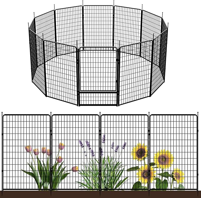 Decorative Garden Fence with Gate 50 in(H) x 30.7 ft(L) 12 Panels, Heavy Duty Metal Animal Barrier Fence for Yard, Flower Bed Fencing, Garden Border Fence, Easy Set Up, Black