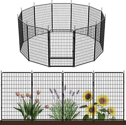 Decorative Garden Fence with Gate 50 in(H) x 30.7 ft(L) 12 Panels, Heavy Duty Metal Animal Barrier Fence for Yard, Flower Bed Fencing, Garden Border Fence, Easy Set Up, Black
