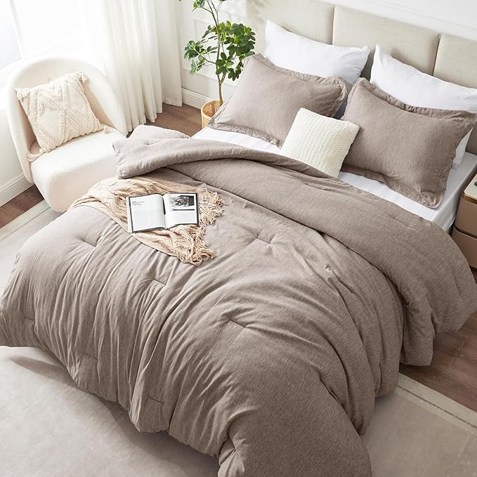 CozyLux Queen Comforter Set - 3 Pieces Khaki Soft Luxury Cationic Dyeing Queen Size Comforter for All Season, Breathable Lightweight Fluffy Bedding Sets with 1 Comforter and 2 Pillow Shams