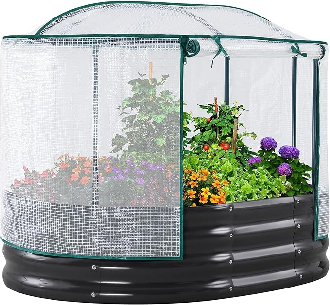 KING BIRD Raised Garden Bed with Cover Galvanized Oval Planter Garden Box Outdoor for Gardening, Vegetables, Flowers White 4x3x1 ft