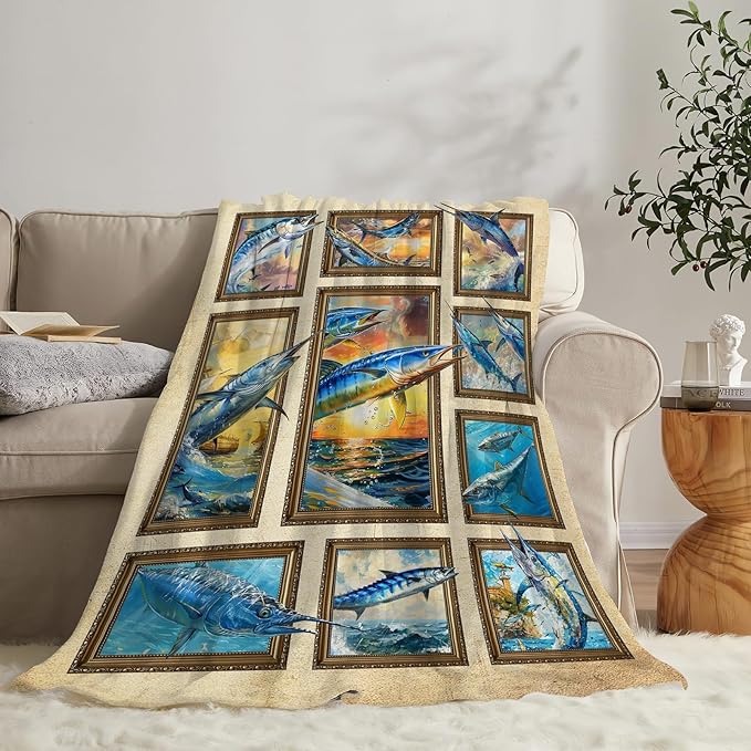 Fishing Blanket Fish Throw Blanket Cozy Plush Fleece Flannel Fishing Lover Gifts Blankets for Girls Boys Women Men 50"X40"