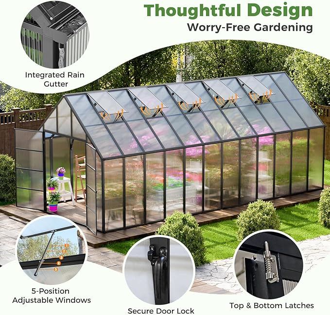 10'x10'x24' Snap-Together Greenhouse - Easy 3-Way Connectors, Heavy-Duty Aluminum Frame, Wind/Snow Resistant for Gardening/Urban Farming, Includes Sliding Door & Ventilation Windows