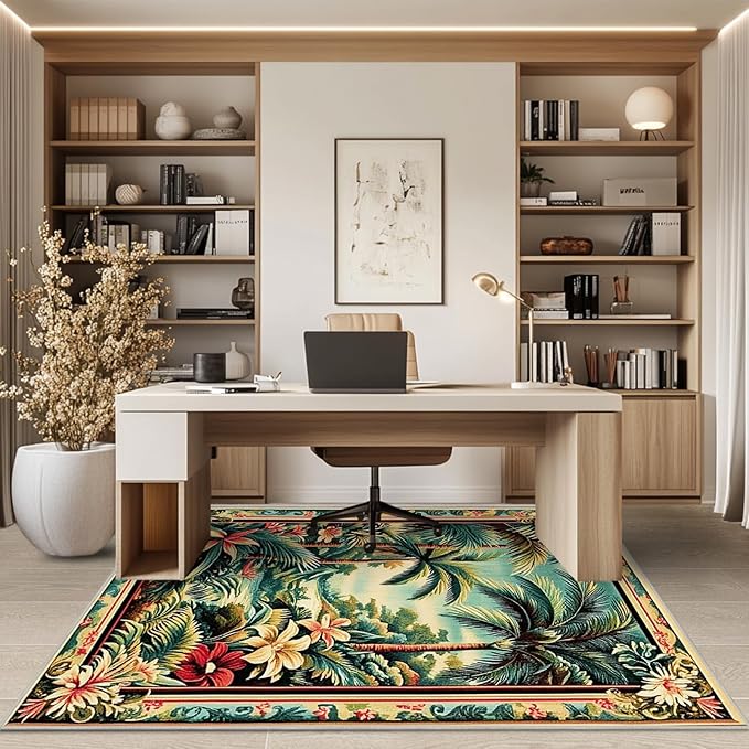 6x9 Tropical Rainforest Area Rugs Boho Forest Botanical Rug for Living Room Indoor Soft Non-Slip Thin Large Carpet Green Rugs for Bedroom Home Decor Under Table Washable Machine