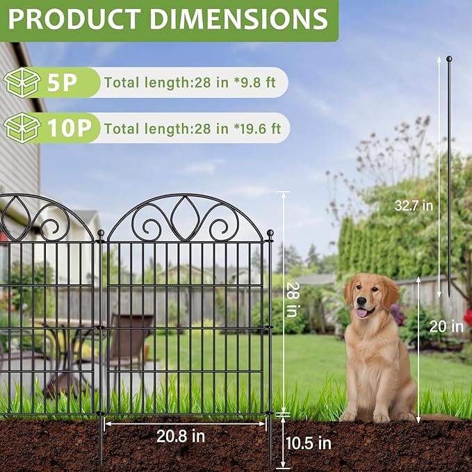 5 Panels No Dig Decorative Garden Fence with Gate – 28" H X 9.8' L Rustproof Metal Dog Fence Outdoor for Yard, Animal Barrier Fence for Pet, Garden Border, Patio, Flower | Temporary Fencing