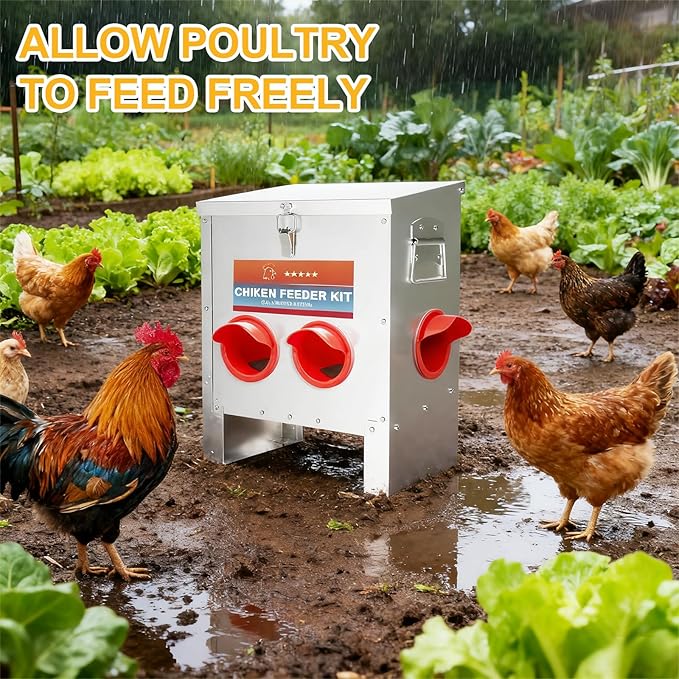Automatic Chicken Feeder Large Capacity 25lbs Metal Chicken Feeder with Latch & Handle for Chickens, Geese, Ducks, Turkeys, Quails, Weatherproof (4-Port)