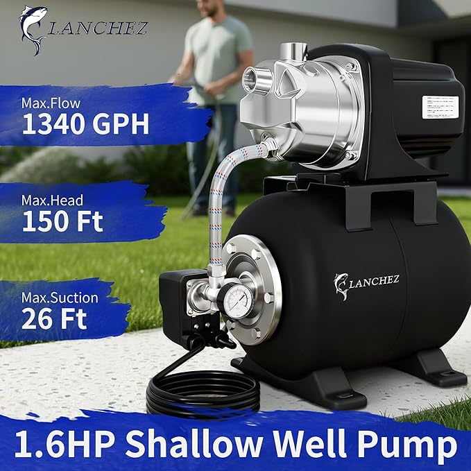 LANCHEZ 1.6HP Shallow Well Pump with Pressure Tank, 115V 1340GPH Automatic Irrigation Water Booster Jet Pump, Stainless Steel Water Transfer Pump for Home Garden Lawn Sprinkler Irrigation, Matte