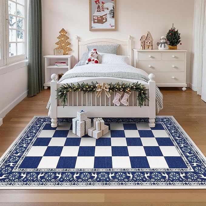 GarveeHome Blue 4x6 Rugs for Living Room, Washable Rug for Christmas Decor, Indoor Non Slip Carpet, Checkered Soft Low Pile Christmas Rug for Entryway, Bedroom, Dining Room