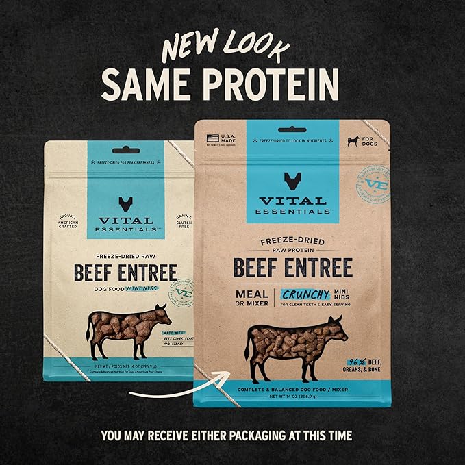 Vital Essentials Freeze-Dried Raw Beef Crunchy Mini Nibs | Complete Meal or Mixer Dog Food | 14 oz