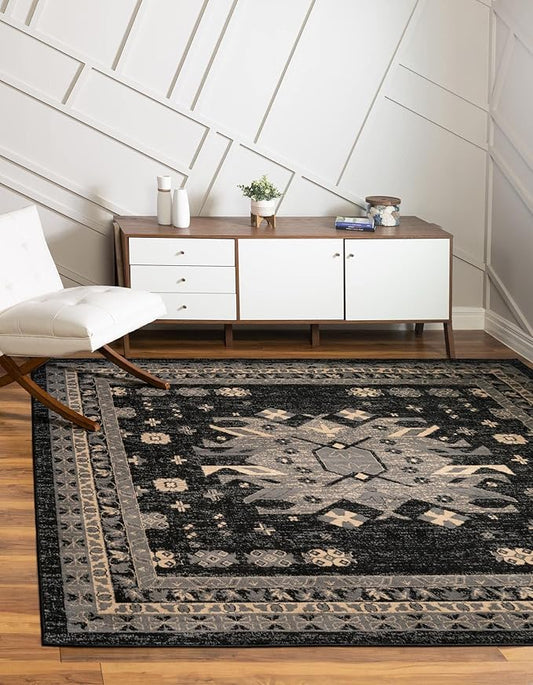 Unique Loom Taftan Collection Border Geometric Tribal Inspired Design Area Rug (8' 0 x 8' 0 Square, Black/ Gray)
