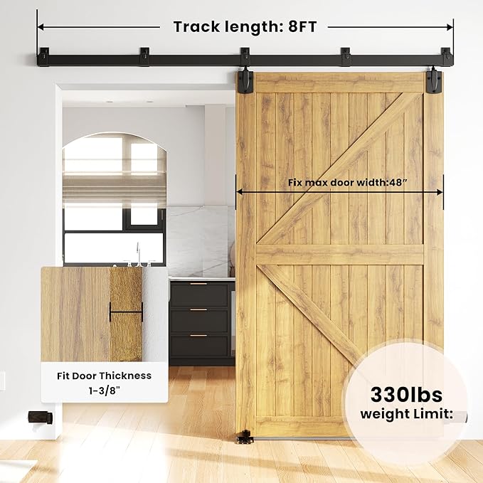 SMARTSTANDARD 8FT Box Rail Hardware - Exterior Barn Door Hardware Kit,Sliding Barn Door Hardware,Heavy Duty Wall Mount Kit,Fit Indoor and Exterior Door,Easy to Install(Widest to 48" Wide Door)
