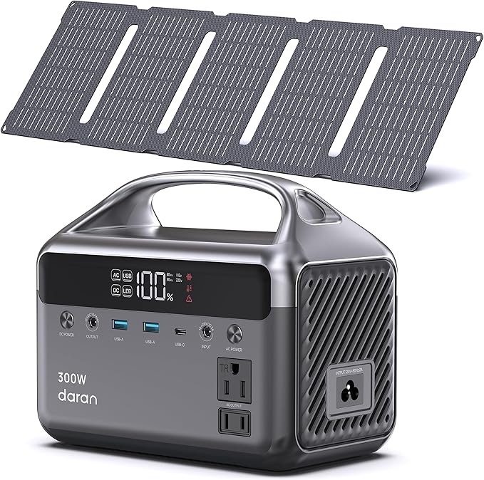 Portable Power Station 300W, 192Wh LiFePO4 Battery Solar Generator with 40W Solar Panel & 2 AC Outlets 110V/ 600W Surge, Power Bank Fast Charging AC DC USB Ports for Christmas lights, Camping, RVs