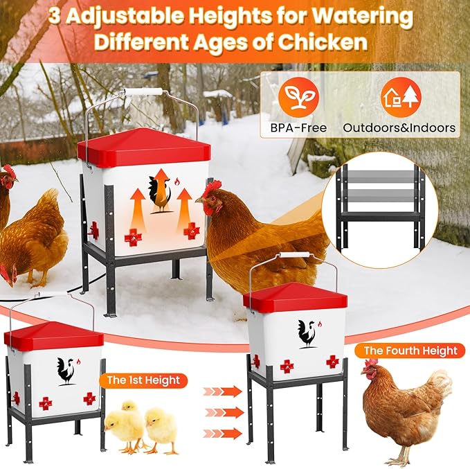 Heated Chicken Waterer for Winter, 1.9 Gallon Poultry Water Heater with 4 Horizontal Nipples, Thermostatically Controlled, 3 Adjustable Heights, Anti-Freezing Watering System for Coop