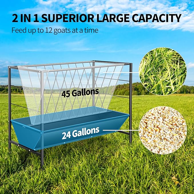 RYFT 2 in 1 Pasture Hay Feeder 45 Gallon Livestock Feed Trough with 24 Gallon Feed Pan, Hay Grain Livestock Feeder for Sheep, Calf, Cow and Horse