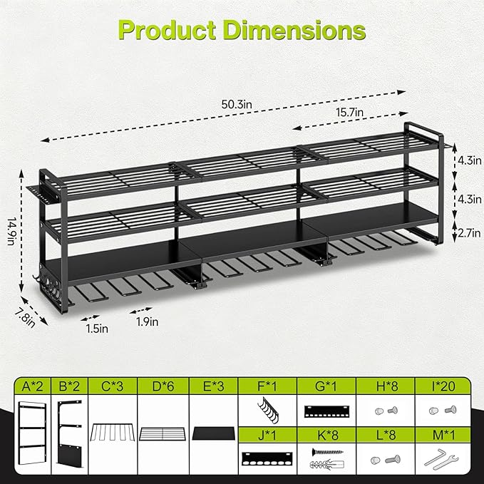 49" Heavy Duty Wall Mount Power Tool Organizer, 4-Tier Storage Rack with 12 Drill Holders & Battery Shelves, 600LBS Capacity for Garage Workshop