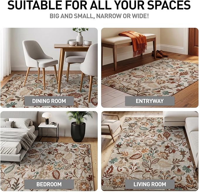 Rugshop Vine Floral Modern for Living Room, Bedroom, or Entryway Beige Multi Area Rug 4' x 6' Beige