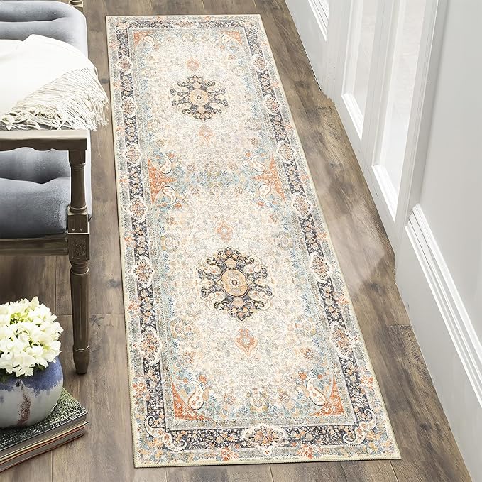 Washable Runner Rug 2x6,Vintage Rug Runners Non Slip,Long Boho Rugs for Hallways Kitchen Bedroom Entryway Living Room Bathroom,Bohemian Distressed Floor Carpet,Retro Blue Grey Floral