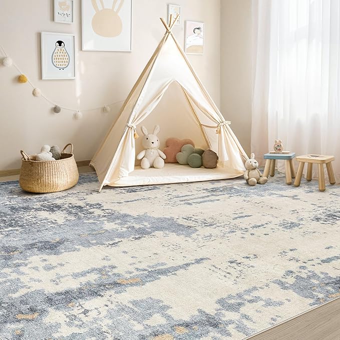 6x9 Area Rug Living Room Rugs - Washable Neutral Modern Abstract Soft Thin Rug Indoor Floor No Slip Rug Carpet for Bedroom Under Dining Table Home Office Decor - Blue/Light Brown