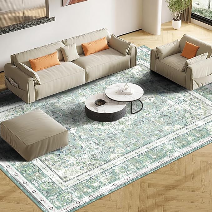 Vhong Boho Area Rugs Vintage Washable Modern Neutral Large Carpet Sage Green 9×12 High Traffic Rugs for Dinning Room Living Room Bedroom Farmhouse Non Slip